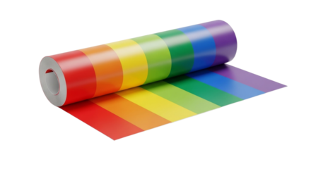 Rainbow striped roll of colorful paper unrolled flat on black background