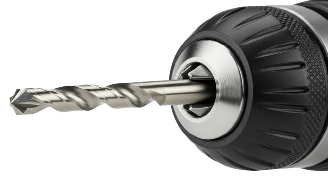 Close-up of metal drill bit in black chuck tool for precision drilling