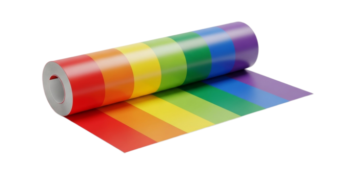 Rainbow striped roll of colorful paper unrolled flat on black background