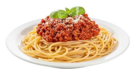 Spaghetti bolognese with basil garnish on a white plate