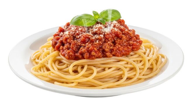 Spaghetti bolognese with basil garnish on a white plate - Powered by Adobe
