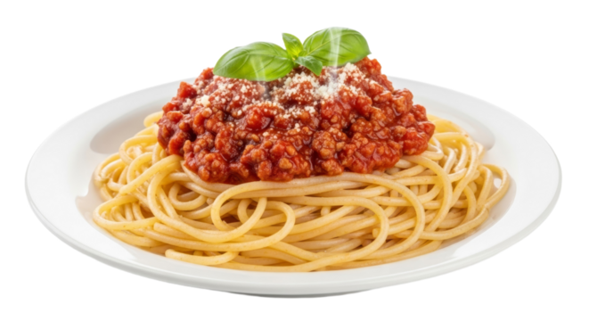 Spaghetti bolognese with basil garnish on a white plate