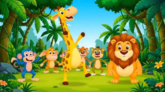 Cartoon animals in a jungle setting featuring a lion giraffe and monkeys