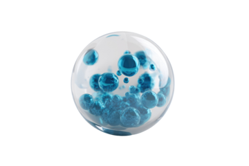Numerous blue, glossy spheres of various sizes are encapsulated within a transparent glass-like orb, suggesting a cellular or molecular structure. background removed