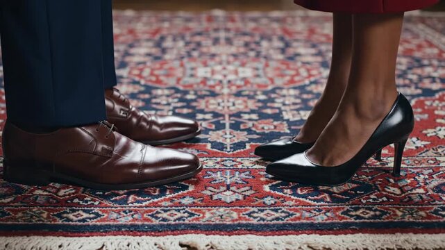 Elegant dance closeup on ornate rug with moving feet in formal shoes