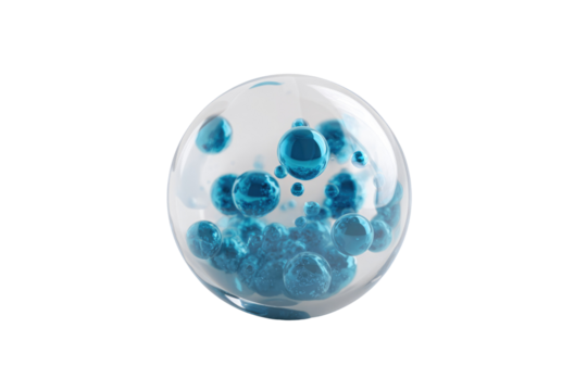 Numerous blue, glossy spheres of various sizes are encapsulated within a transparent glass-like orb, suggesting a cellular or molecular structure. background removed