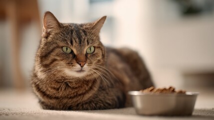 A focused cat resting near a bowl of food, showcasing its striking green eyes and a calm demeanor in a cozy indoor setting.