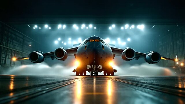 Ground testing scene of a large military style heavy lift transport aircraft equipped with sustainable aviation fuel (SAF) compatible engines smoke trails indicating emission