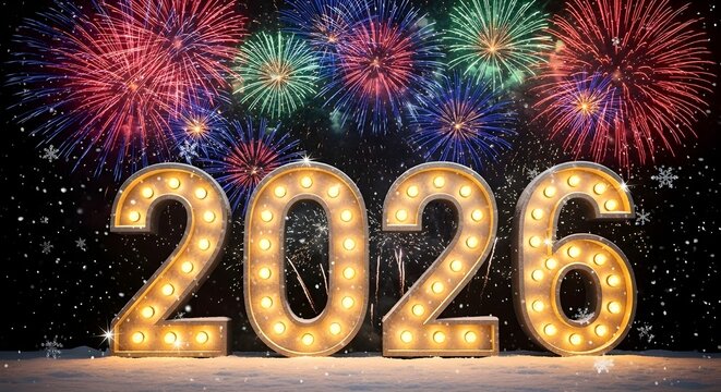 Spectacular new year 2026 celebration with giant illuminated marquee numbers set against a backdrop of dazzling fireworks and falling snow, marking a grand and joyous transition