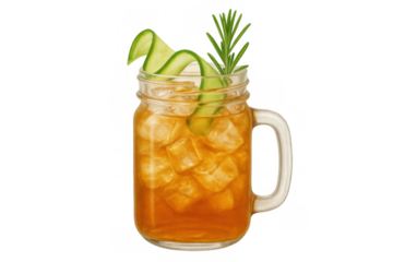 Iced tea cooling drink in a mason jar with cucumber ribbon and rosemary garnish, refreshing summer beverage