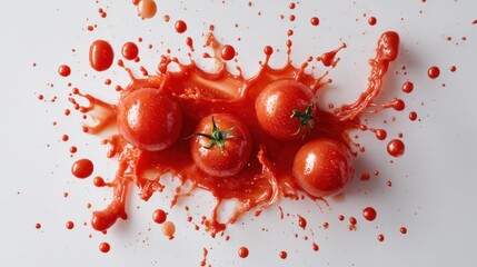 A vibrant splash of red tomatoes creates an eye-catching abstract design against a white background, showcasing freshness and the beauty of natural produce.