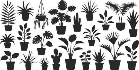 Potted plant silhouette collection, 24 botanical icons, hanging and tabletop styles, diverse foliage shapes, black vector grid, flat illustration