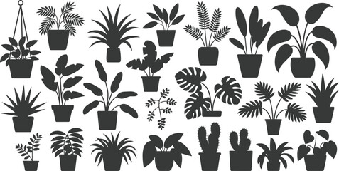 Potted plant silhouette set, 25 botanical icons, hanging and tabletop styles, diverse leaf shapes, black vector grid, flat illustration