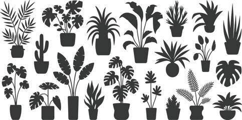 Potted plant silhouette set, diverse foliage shapes, indoor botanical icons, black vector grid layout, decorative nature elements, flat illustration