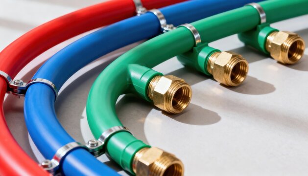 Medium shot of a flexible PEX plumbing network featuring vibrant tubing bends and secure fittings emphasizing ease of installation and adaptability in home water distribution.