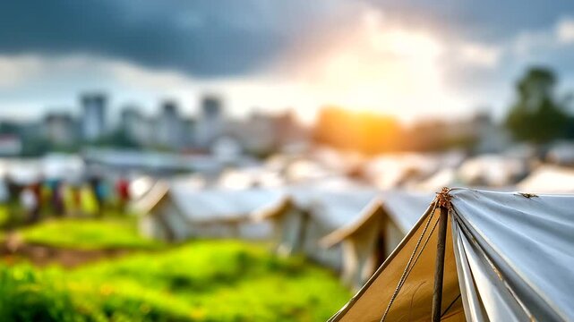 Refugee camp tents temporary settlement displaced people climate migrants humanitarian assistance international aid workers aid distribution medical care education services water