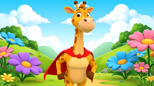 Cartoon giraffe character with superhero cape walking on path in cartoon landscape