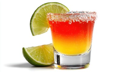 A vibrant layered drink showcases bright colors with salt on the rim and lime slices nearby.