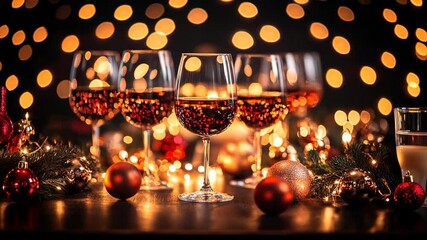 Glasses of red wine and seasonal decorations create a warm holiday ambiance. Soft golden lights twinkle in the background, setting the perfect mood - Powered by Adobe