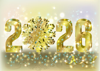 New 2026 Year card with xmas golden snowflake 3d, vector illustration