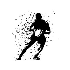 Obraz premium Rugby player running and holding ball in hands, abstract isolated vector silhouette. Team sport athlete, ink drawing