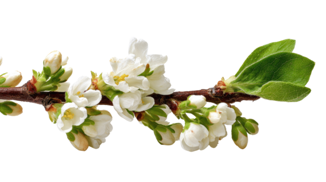 A beautiful branch adorned with delicate white spring blossoms, developing buds, and vibrant green leaves against a clean background. background removed