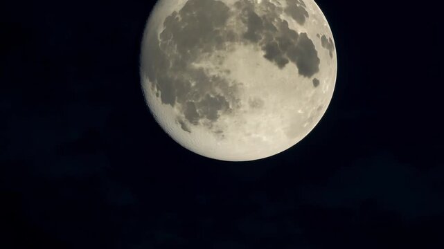 Large bright full moon drifts smoothly against deep dark sky showing detailed surface texture creating celestial night atmosphere and calm movement concept
