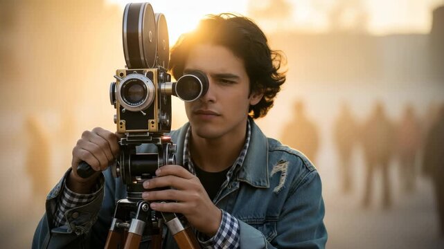 Young Latin American filmmaker using vintage movie camera at sunset, artistic portrait of creative cinematography student inspired by modern Latin cinema