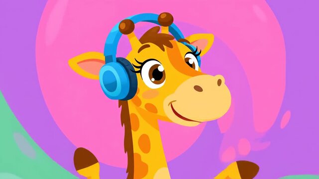 Cartoon giraffe wearing headphones listening to music vector illustration