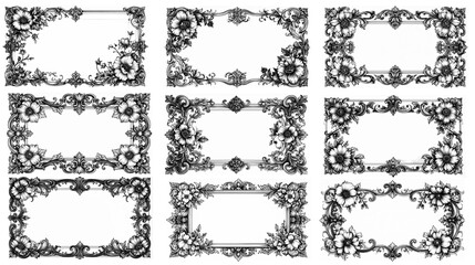 Obraz premium ビクトリア風アンティーク装飾フレームセット（クラシックな線画の枠デザイン集）Victorian Style Antique Decorative Frame Set – Classic Ornamental Line Art Borders Collection