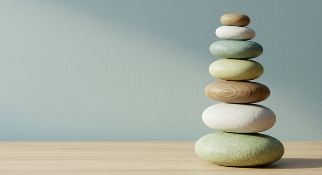 Stack of smooth stones of different sizes and colors on a beige surface and a blue background.