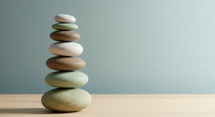 A harmonious display of balancing stones stacked high, symbolizing peace, tranquility, and equilibrium.