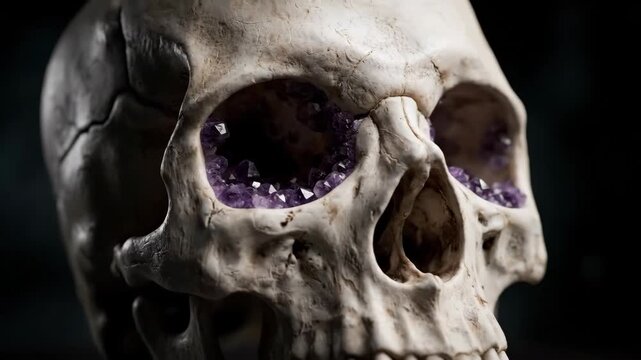 Close up of a human skull with crystal filled eye sockets against a dark background