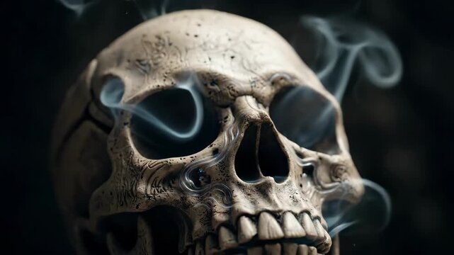 Close up of a human skull with ethereal smoke swirling around the eye sockets