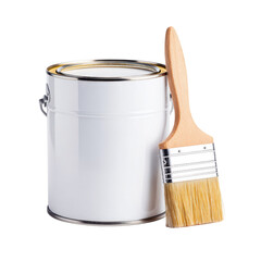 A white paint can with a golden rim stands beside a wooden handle paint brush with natural bristles, ready for home improvement projects. background removed