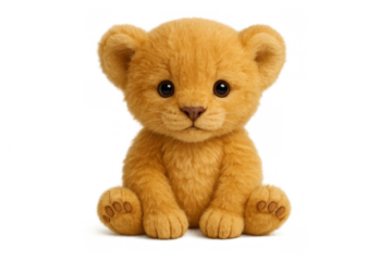 Adorable sitting lion cub cartoon illustration with big eyes and furry texture, a cute baby animal on a transparent background