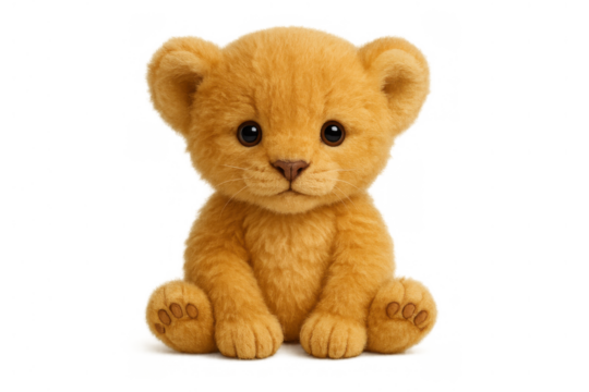 Adorable sitting lion cub cartoon illustration with big eyes and furry texture, a cute baby animal on a transparent background