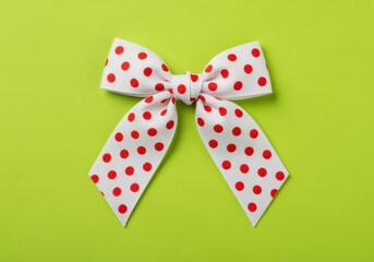 A white ribbon bow with a red polka dot pattern on a lime green background. Festive gift wrapping and decoration concept. Top view flat lay with copy space