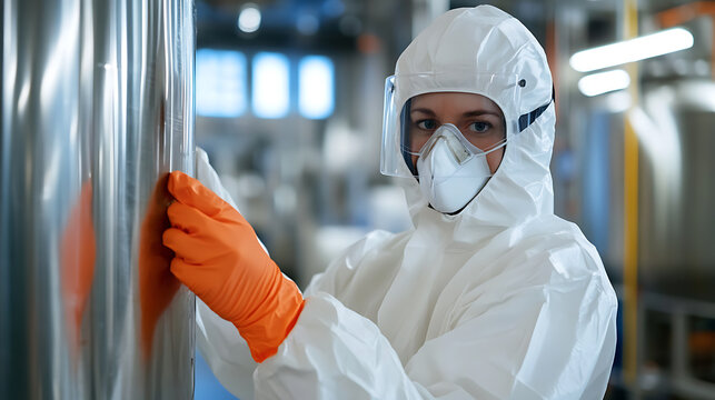 A worker in a protective suit, face shield, and mask stands in a manufacturing facility, ensuring quality control. The individual is focused on maintaining rigorous hygiene standards.