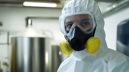 A person wearing protective gear in a sterile lab environment, showcasing safety protocols. The lab worker is ready to safely complete the tasks at hand.