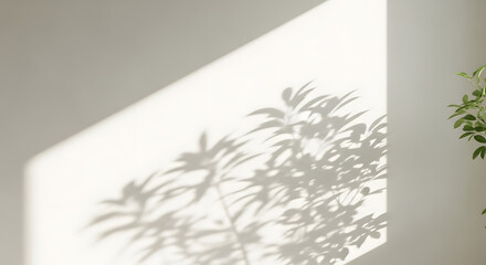 Soft sunlight casting leaf shadows on a textured white wall