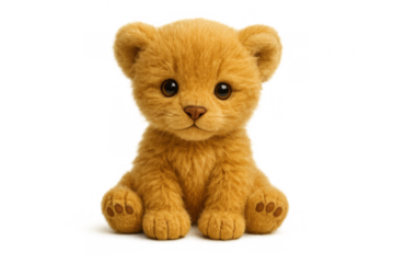 Cute lion cub sitting, looking forward with big eyes, representing innocence and nature, isolated on transparent background