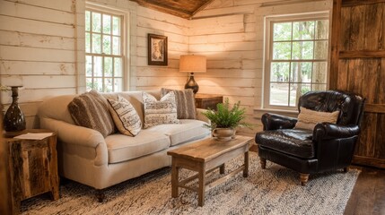 Obraz premium This inviting living space features a light couch dark armchair and warm wooden accents perfect for relaxation.