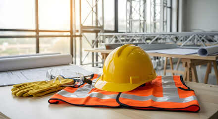 Safety gear and blueprints on a desk at an unfinished construction building site