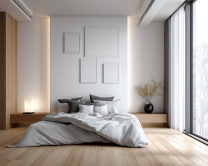 Minimalist bedroom with white bedding, empty picture frames, wooden floor, large window, soft natural light, and cozy atmosphere