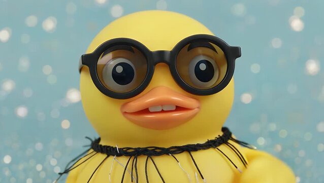 Small Yellow Bath Toy Duck Accessorized with Dark-Tinted Eyewear  Conveying a Concept of Intelligence and