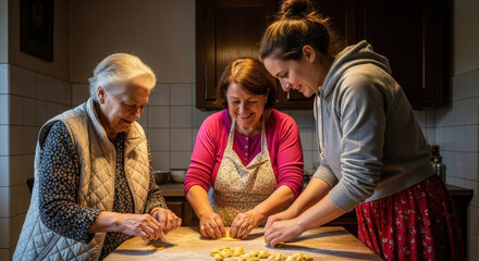 Three generations of women making homemade pasta or dumplings together in a warm, cozy kitchen. Home Italian food