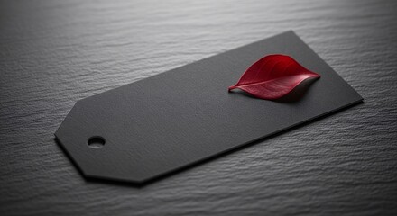 Elegant branding mockup of a blank black paper tag with a single vibrant red autumn leaf on a dark, textured slate background. A minimalist concept for seasonal sales, pricing, or a special message.