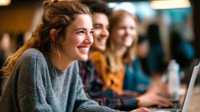 Youth group in church hall sharing Bible verses via social media posts on laptops group laughing and discussing digital outreach printed youth Bibles on tables energetic