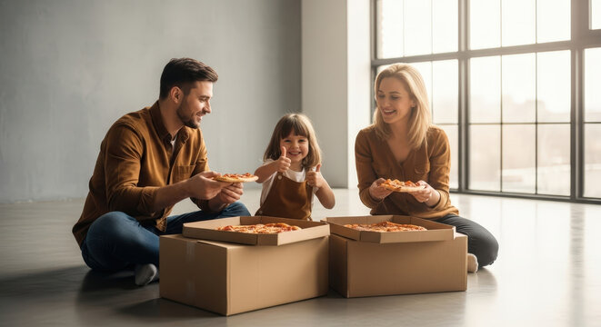 Smiling family with daughter eating pizza on floor in new home after moving, child gives thumbs up